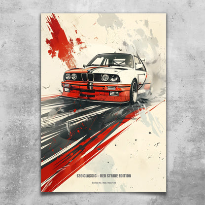 E30 Classic – Red Strike Edition | Retro Motorsport Wandbild